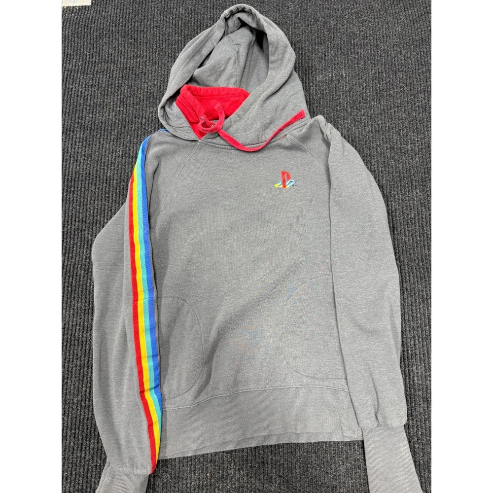 Sony PlayStation Vintage Hoodie Men's M Gray Rainbow Stripe 2015 Gaming Pullover